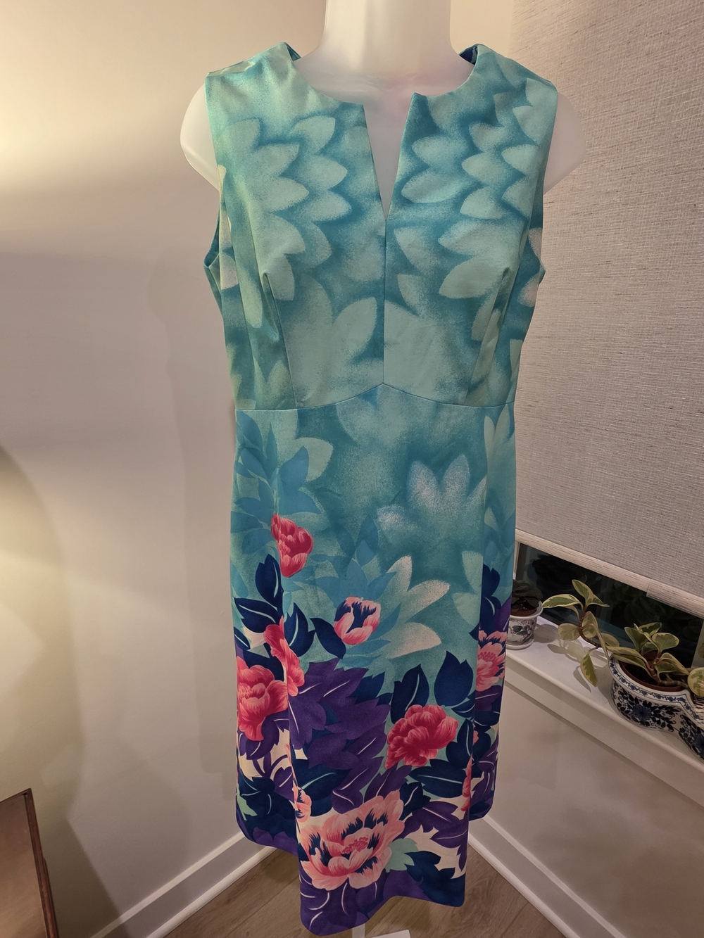 VTG Hawaiian Sleeveless Aqua Floral Sheath Dress Size L - Picture 11 of 16